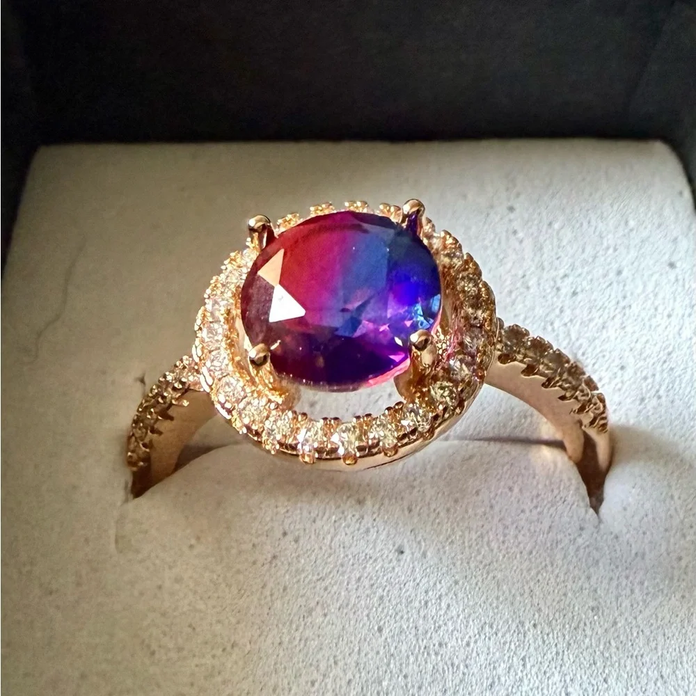 NEW! Pretty Bird Jewelry Gold Halo Ring with Pink Purple Center Stone size 8 - Picture 5 of 16